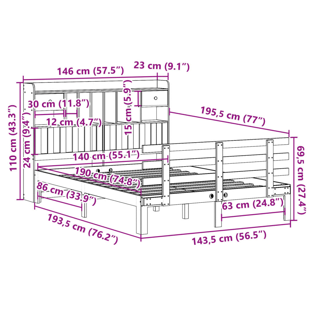 Bookcase Bed without Mattress White 140x190 cm Solid Wood Pine