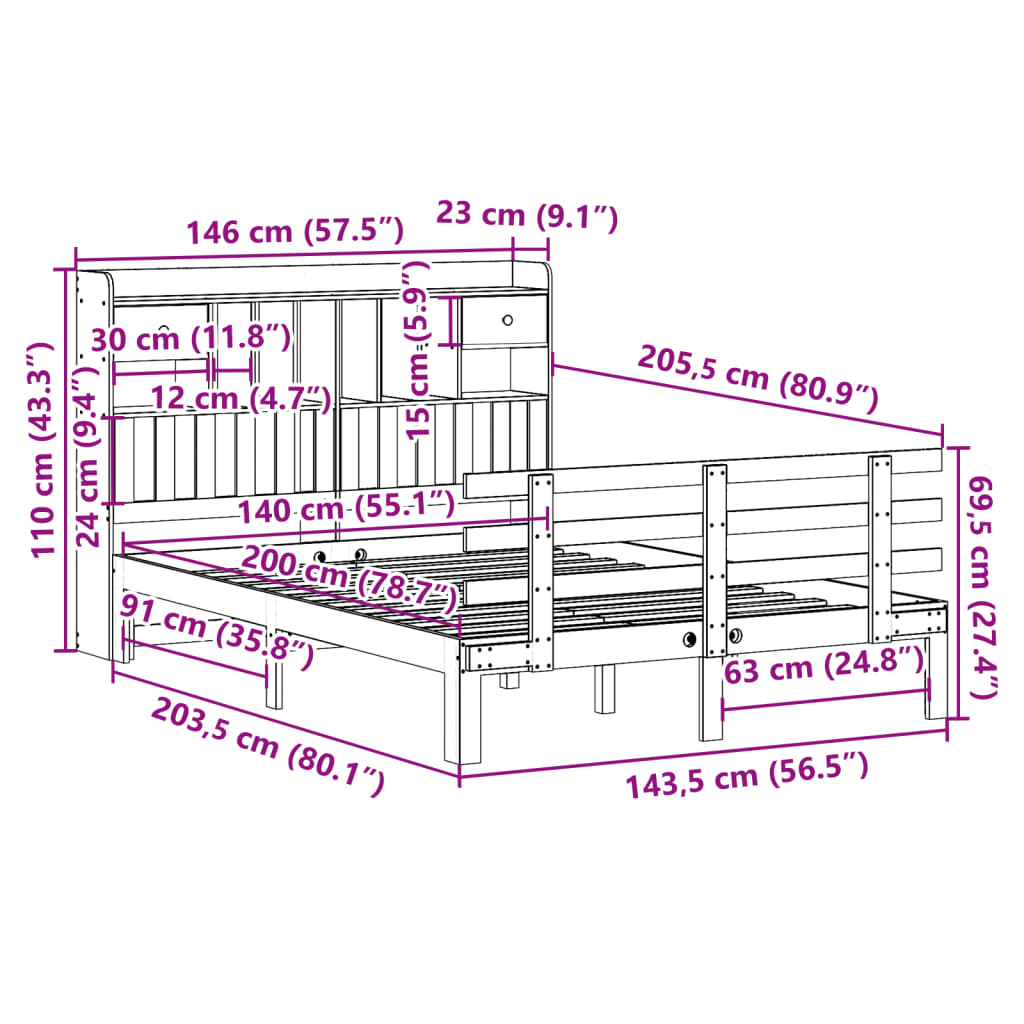 Bookcase Bed without Mattress 140x200 cm Solid Wood Pine