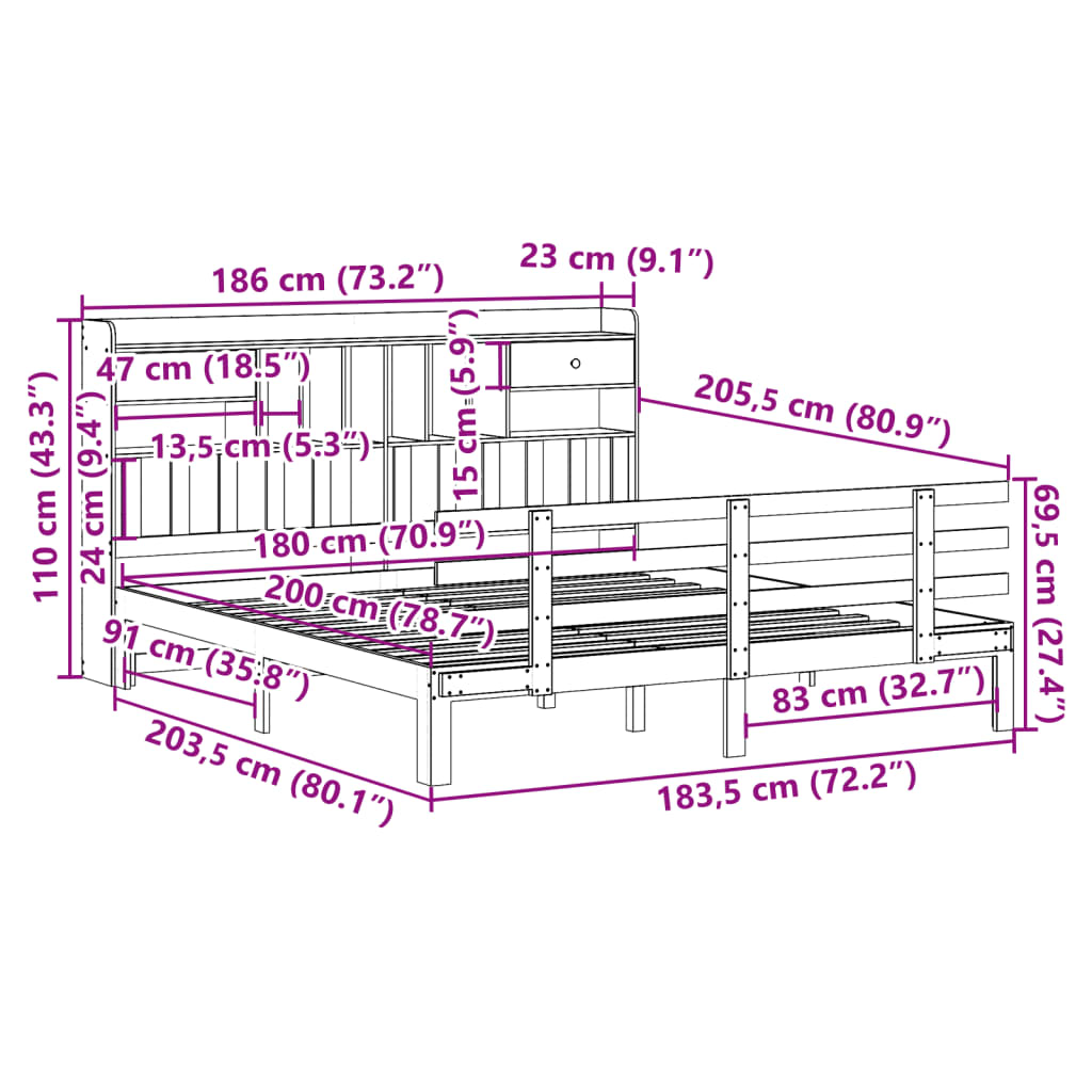 Bookcase Bed without Mattress 180x200 cm Super King Solid Wood Pine