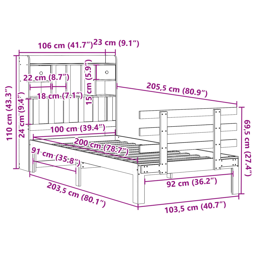 Bookcase Bed without Mattress Wax Brown 100x200cm Solid Wood Pine