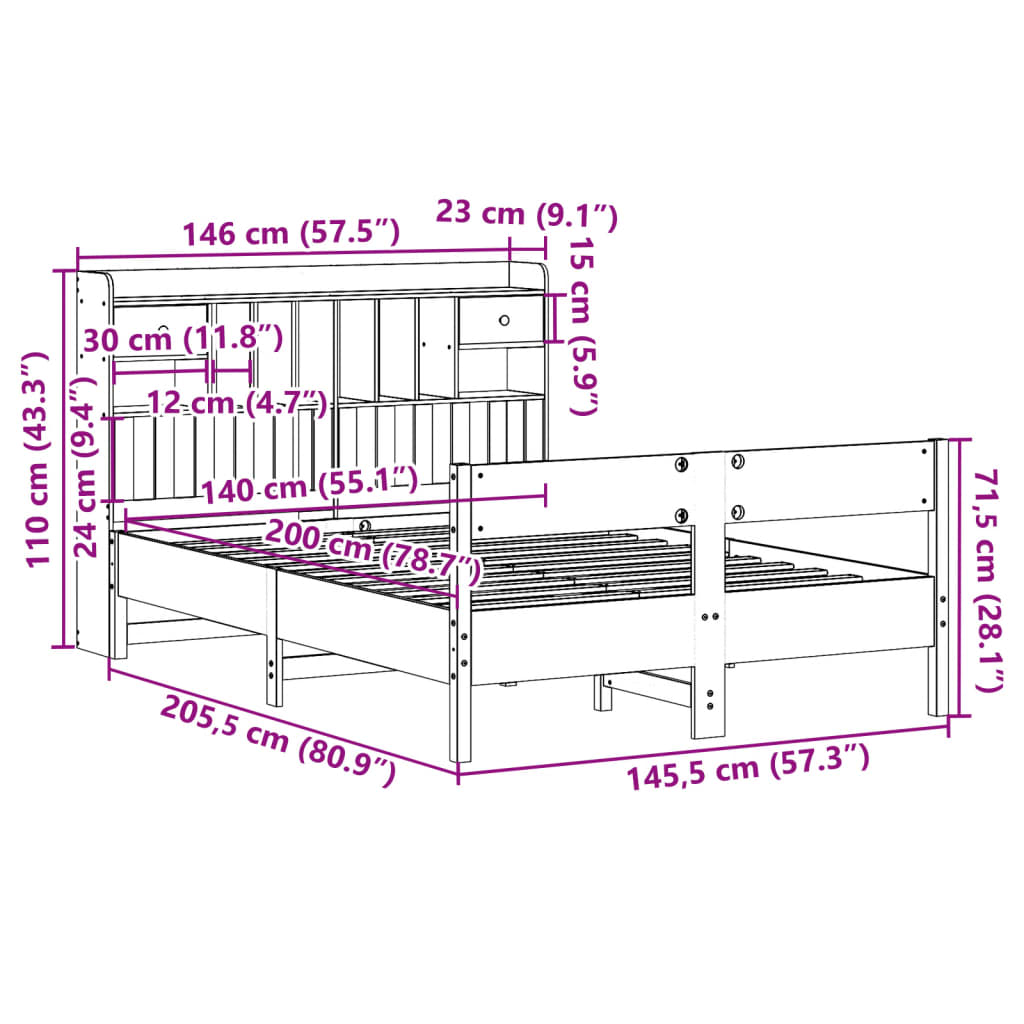 Bookcase Bed without Mattress Wax Brown 140x200cm Solid Wood Pine