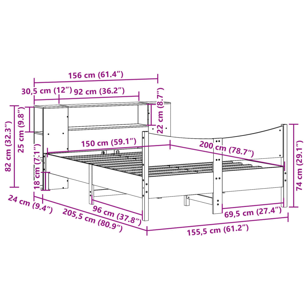 Bed Frame without Mattress Wax Brown 150x200 cm King Size Solid Wood Pine