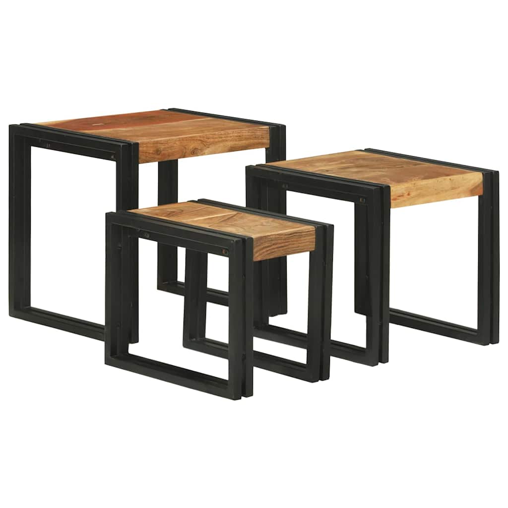 Nesting Table 3 pcs Brown and Black Solid Acacia Wood and Metal
