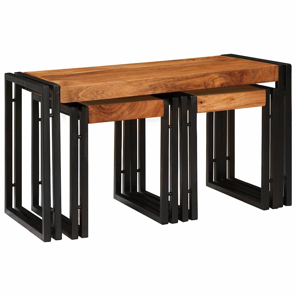 Nesting Table 3 pcs Brown and Black Solid Acacia Wood and Metal
