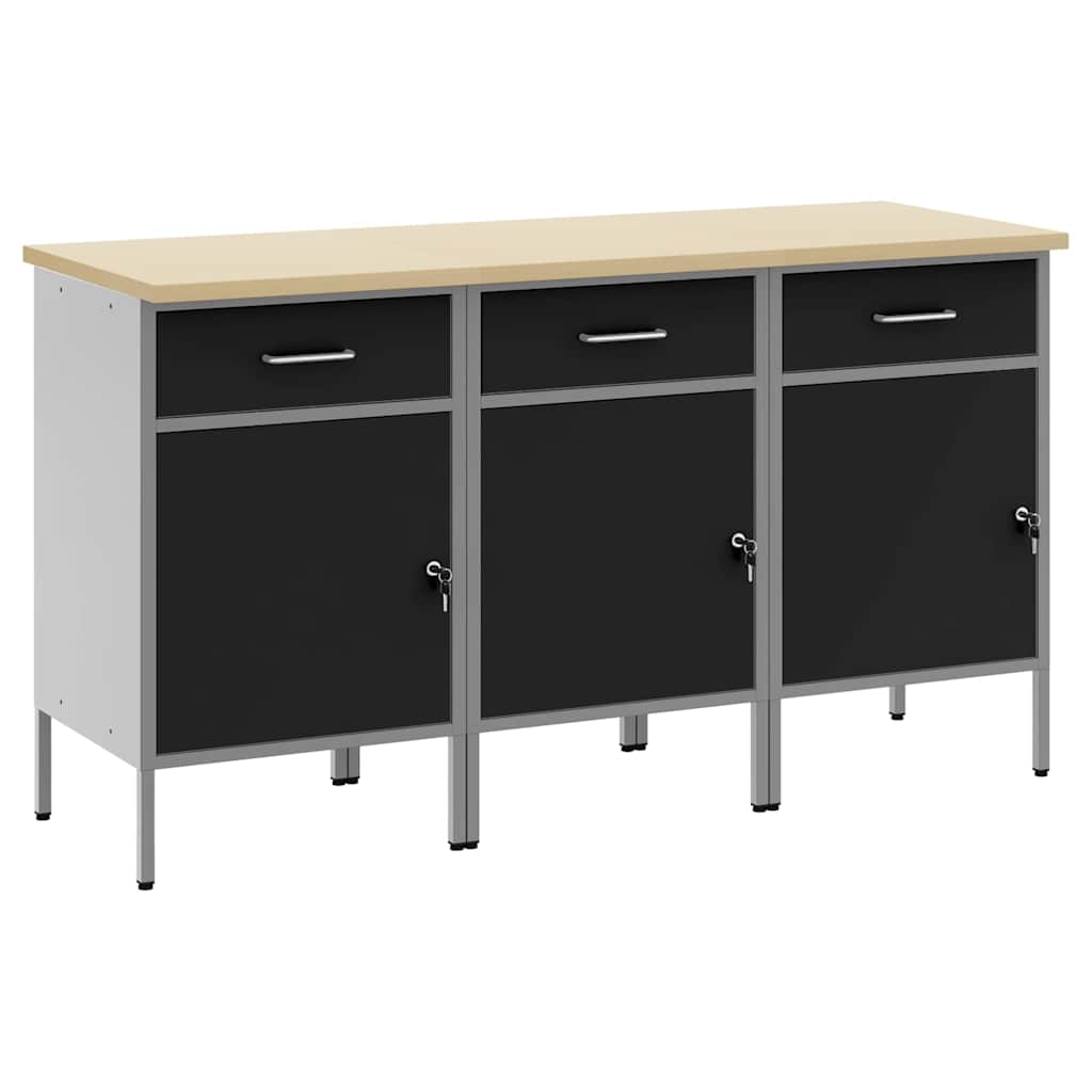 Work Cabinet with Drawer 3 pcs Black and Grey 150 x 55 x 85 cm