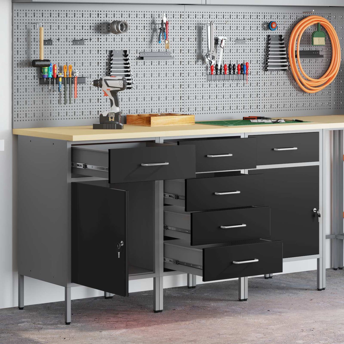 Work Cabinet with Drawer 3 pcs Black and Grey 75 x 45 x 85 cm