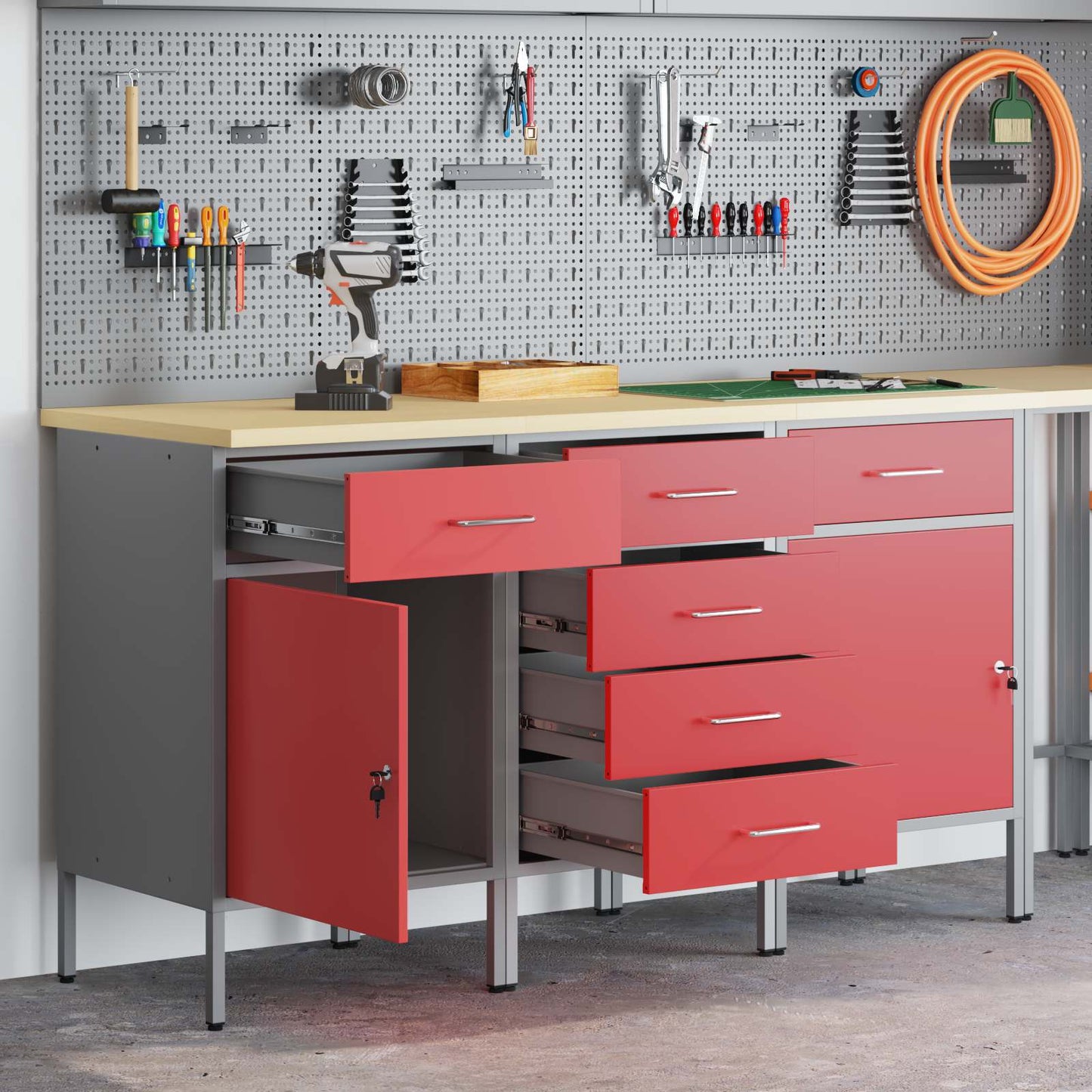 Work Cabinet with Drawer 3 pcs Red and Grey 150 x 55 x 85 cm
