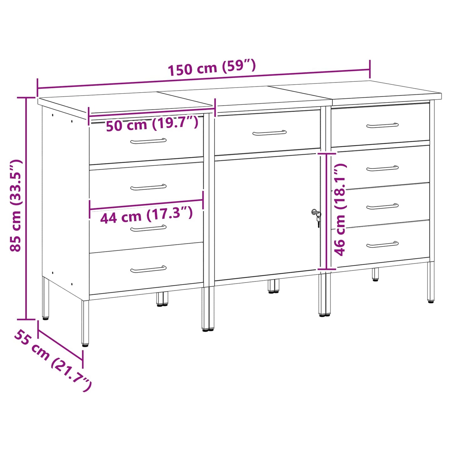 Work Cabinet with Drawer 3 pcs Black and Grey 150 x 55 x 85 cm
