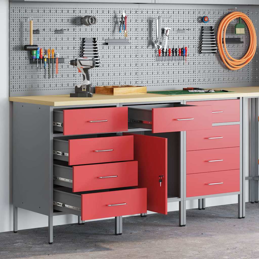 Work Cabinet with Drawer 3 pcs Red and Grey 150 x 55 x 85 cm