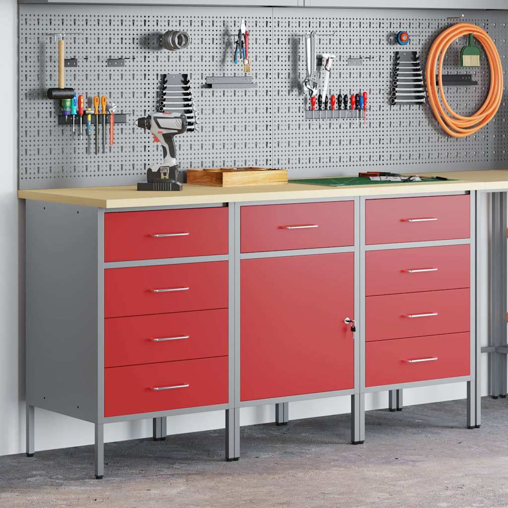Work Cabinet with Drawer 3 pcs Red and Grey 150 x 55 x 85 cm