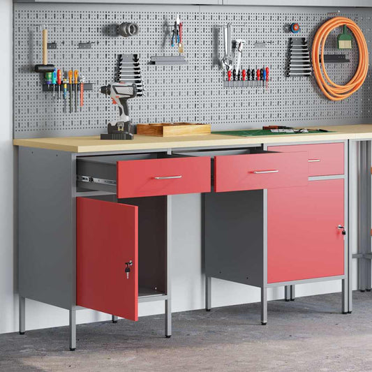 Work Cabinet 3 pcs Red and Grey Engineered Wood and Steel