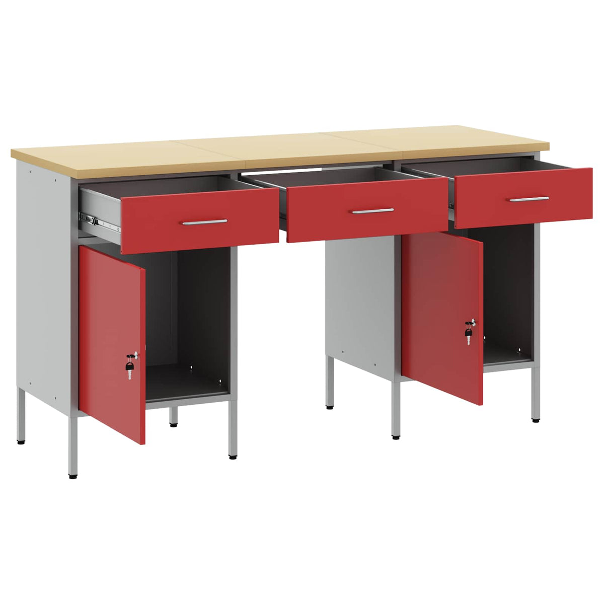 Work Cabinet 3 pcs Red and Grey Engineered Wood and Steel