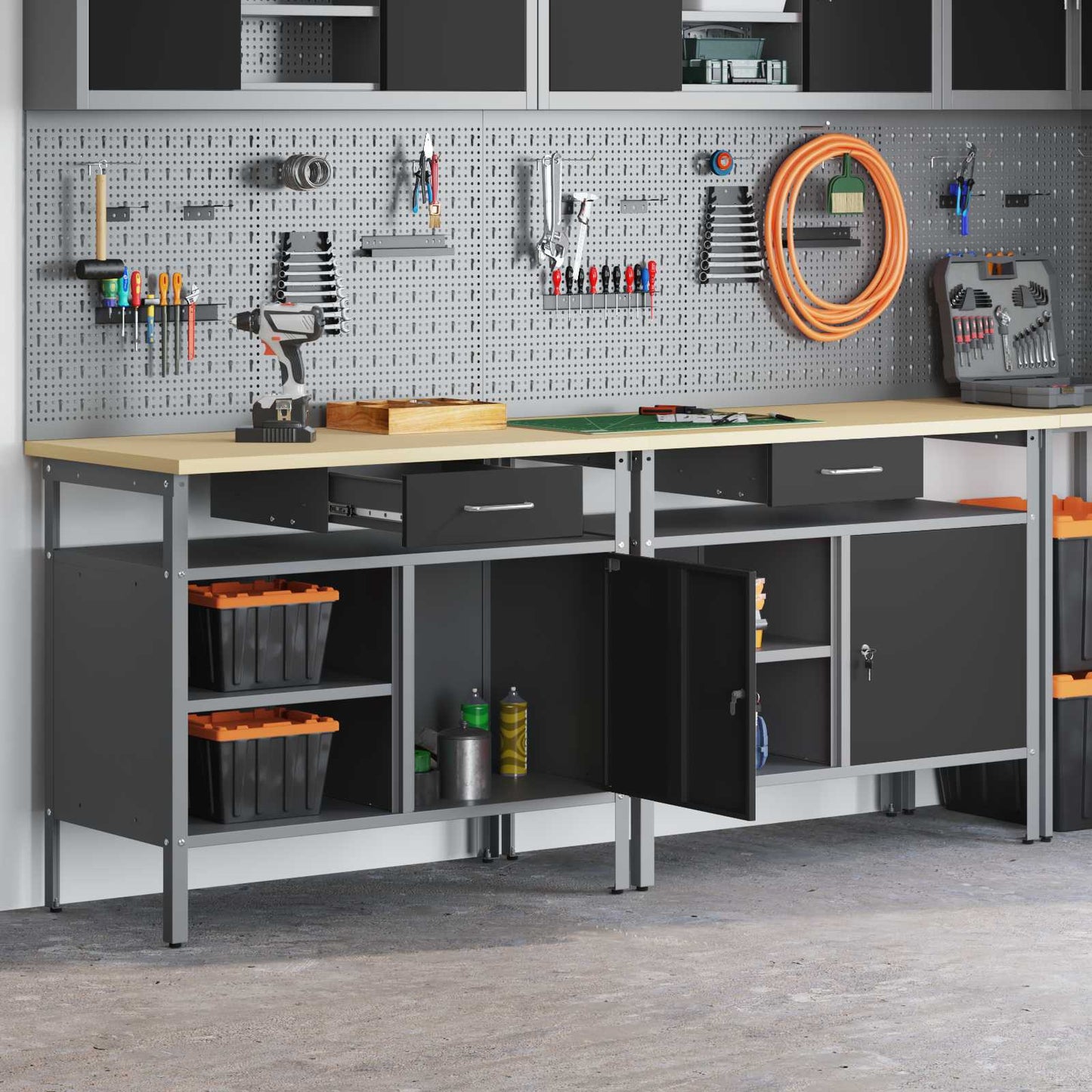 Work Bench Set with Shelf 2 pcs Black and Grey 200 x 55 x 85 cm