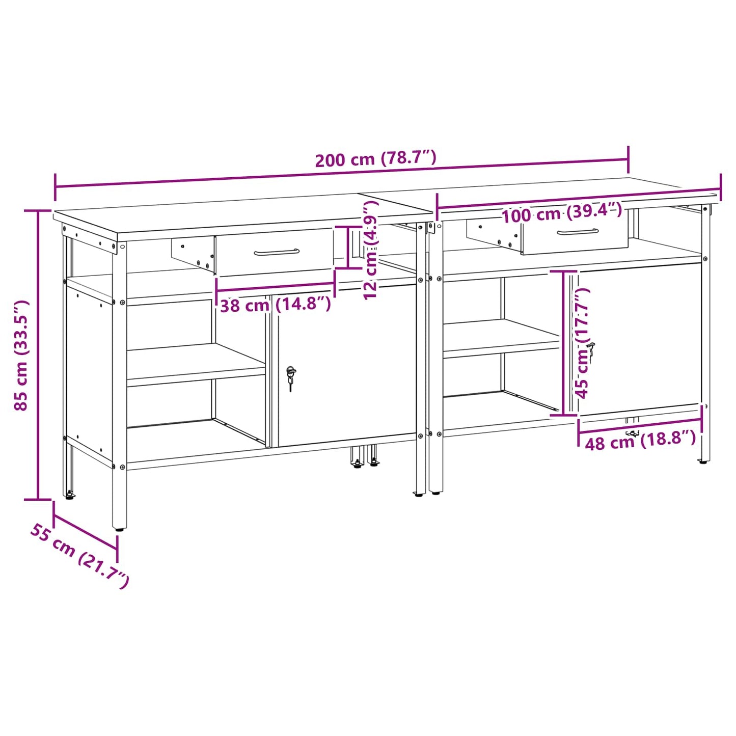 Work Bench Set 2 pcs Black 200 x 55 x 85 cm Powder-Coated Steel