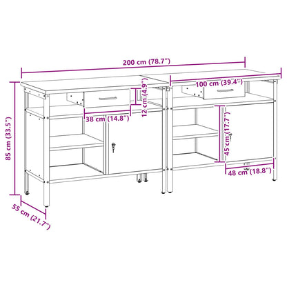 Work Bench Set 2 pcs Black 200 x 55 x 85 cm Powder-Coated Steel