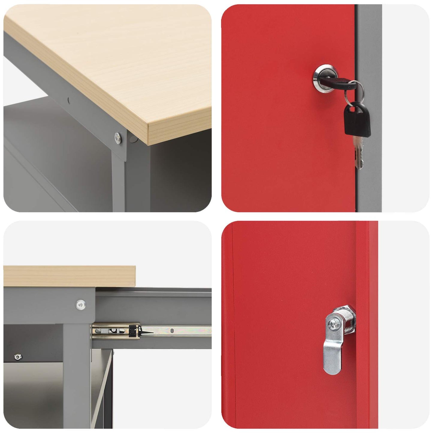Work Bench Set with Lock 3 pcs Red and Grey Powder-Coated Steel