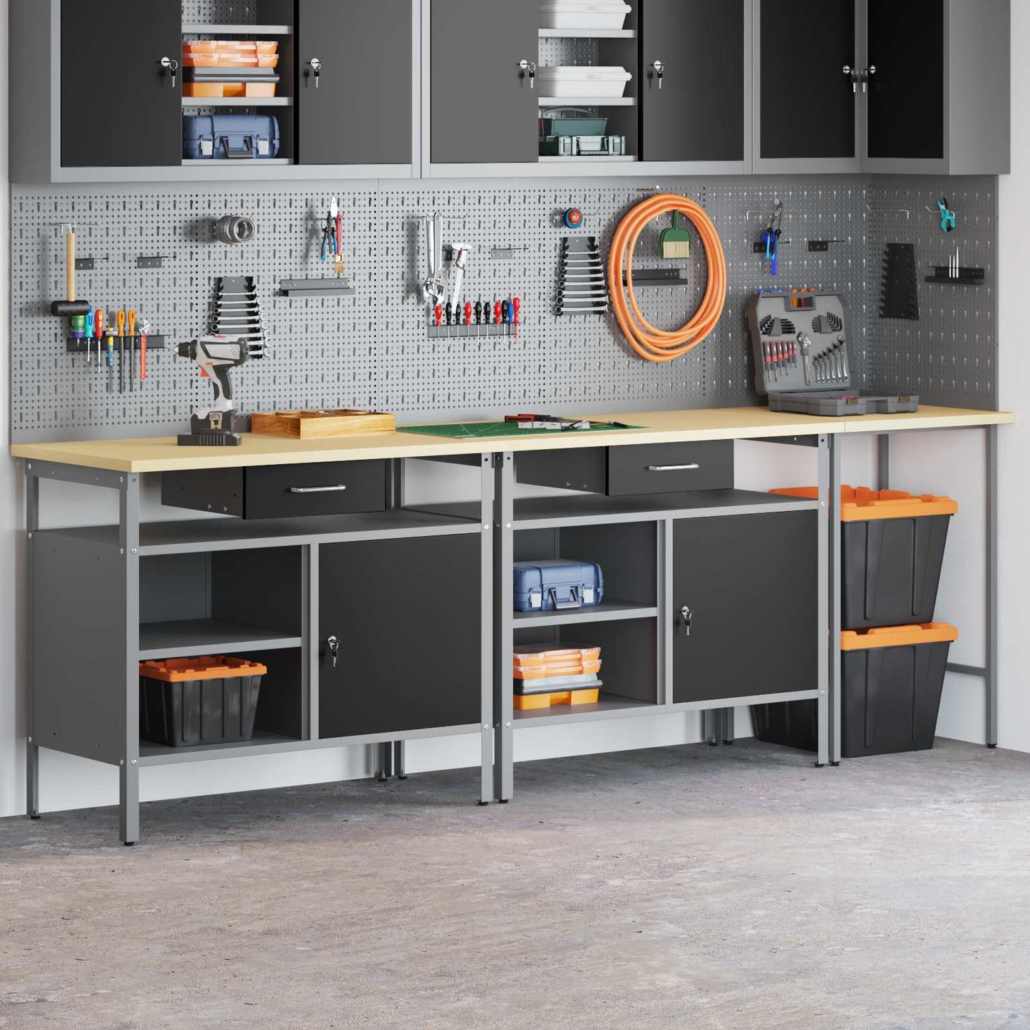 Work Bench Set with Lock 3 pcs Red and Grey Powder-Coated Steel