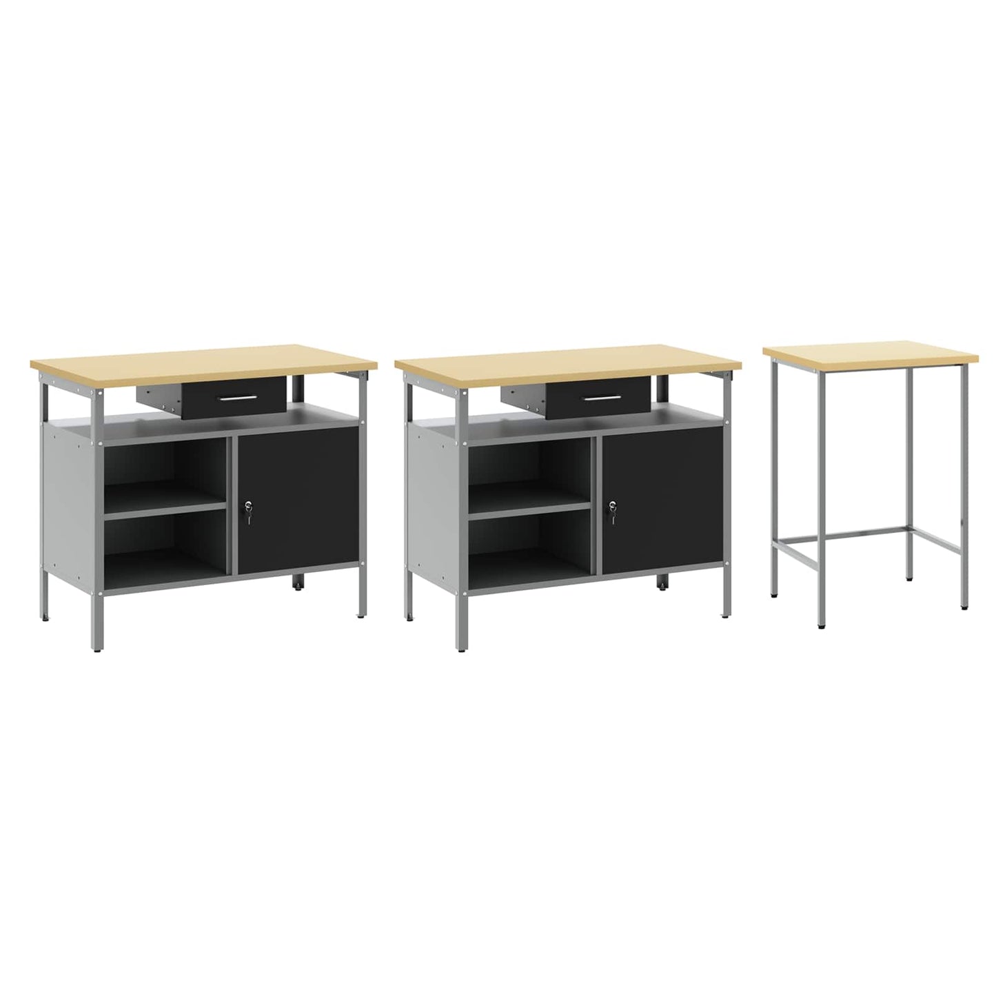 Work Bench Set with Lock 3 pcs Red and Grey Powder-Coated Steel