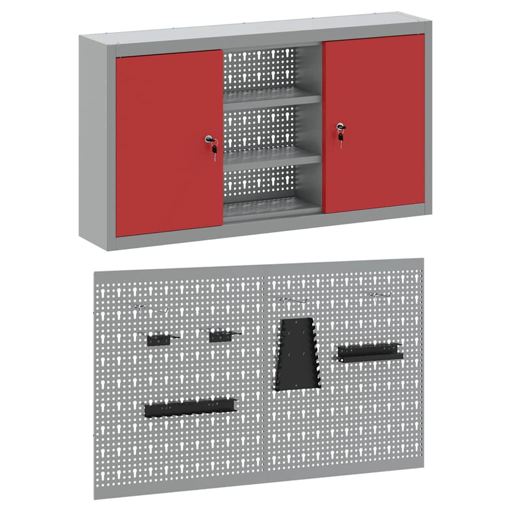 Tool Cabinet Set with Shelf 3 pcs Red Powder-Coated Steel