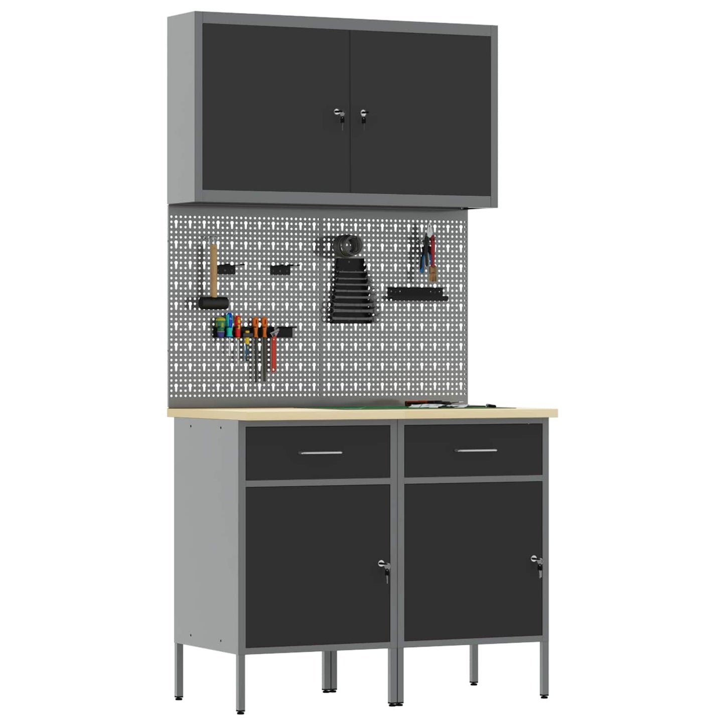 Work Cabinet with Drawer 5 pcs Black Engineered Wood and Steel
