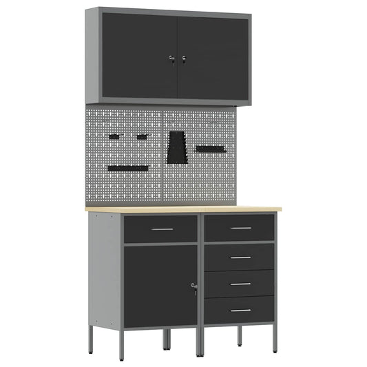 Work Cabinet with Drawer 5 pcs Black Engineered Wood and Steel