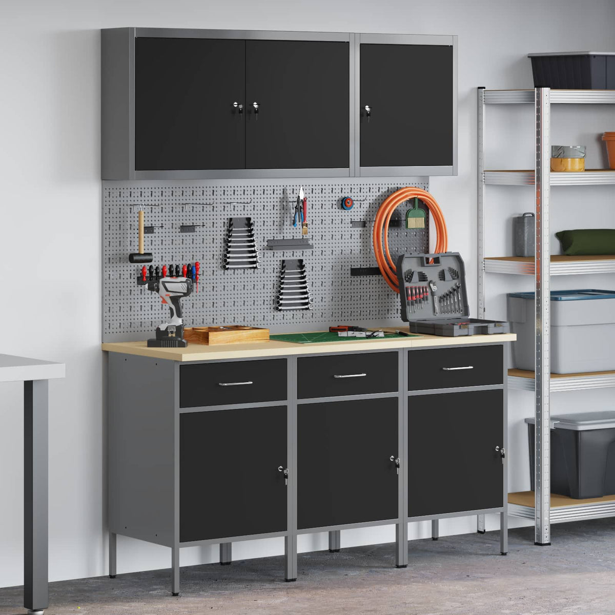 Work Cabinet with Drawer 8 pcs Black Engineered Wood and Steel