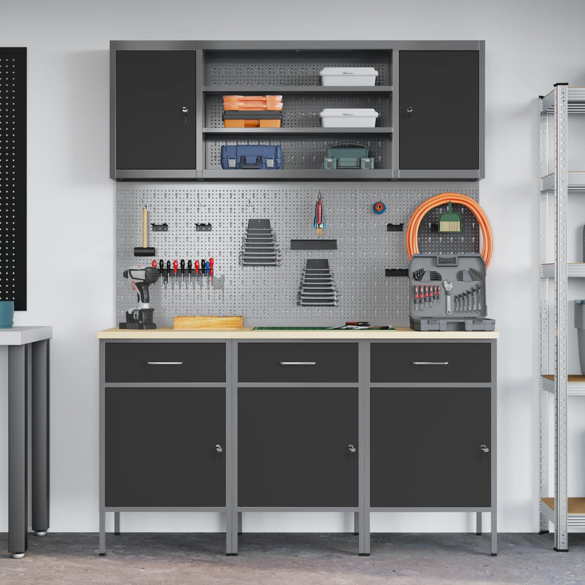 Work Cabinet with Drawer 7 pcs Black Engineered Wood and Steel