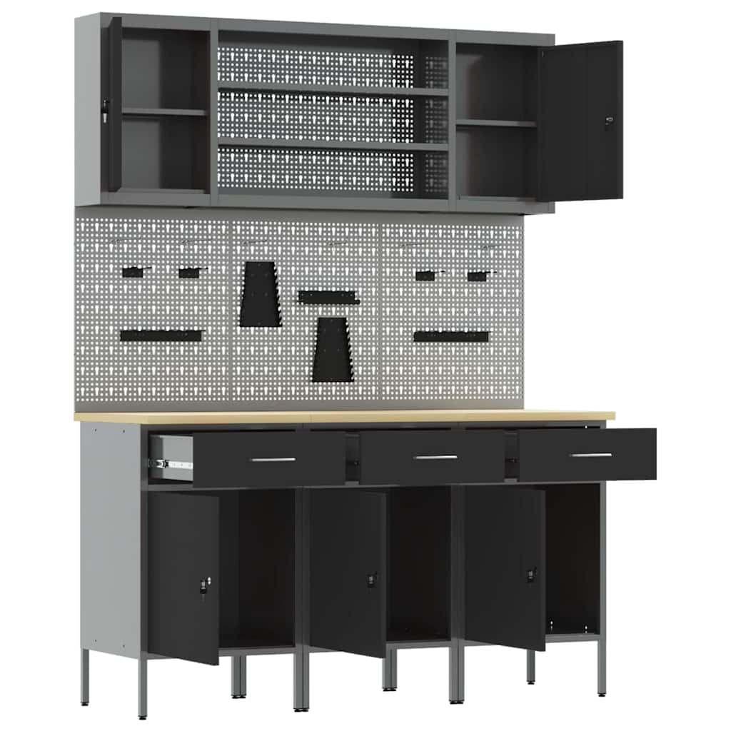 Work Cabinet with Drawer 7 pcs Black Engineered Wood and Steel