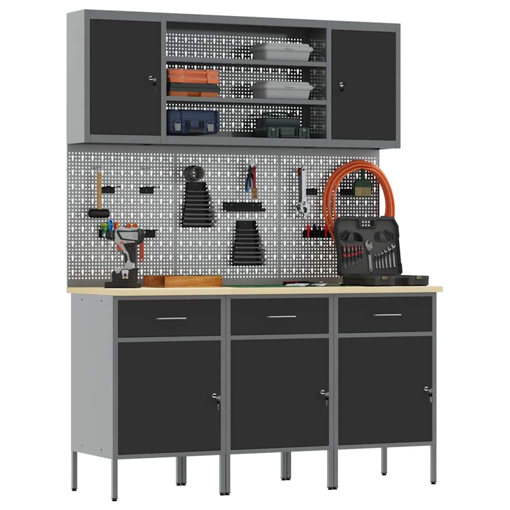 Work Cabinet with Drawer 7 pcs Black Engineered Wood and Steel