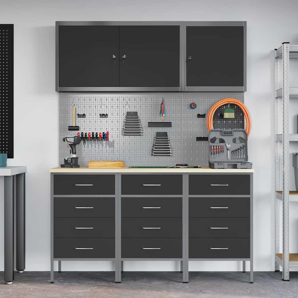 Work Cabinet with Drawer 8 pcs Black Engineered Wood and Steel