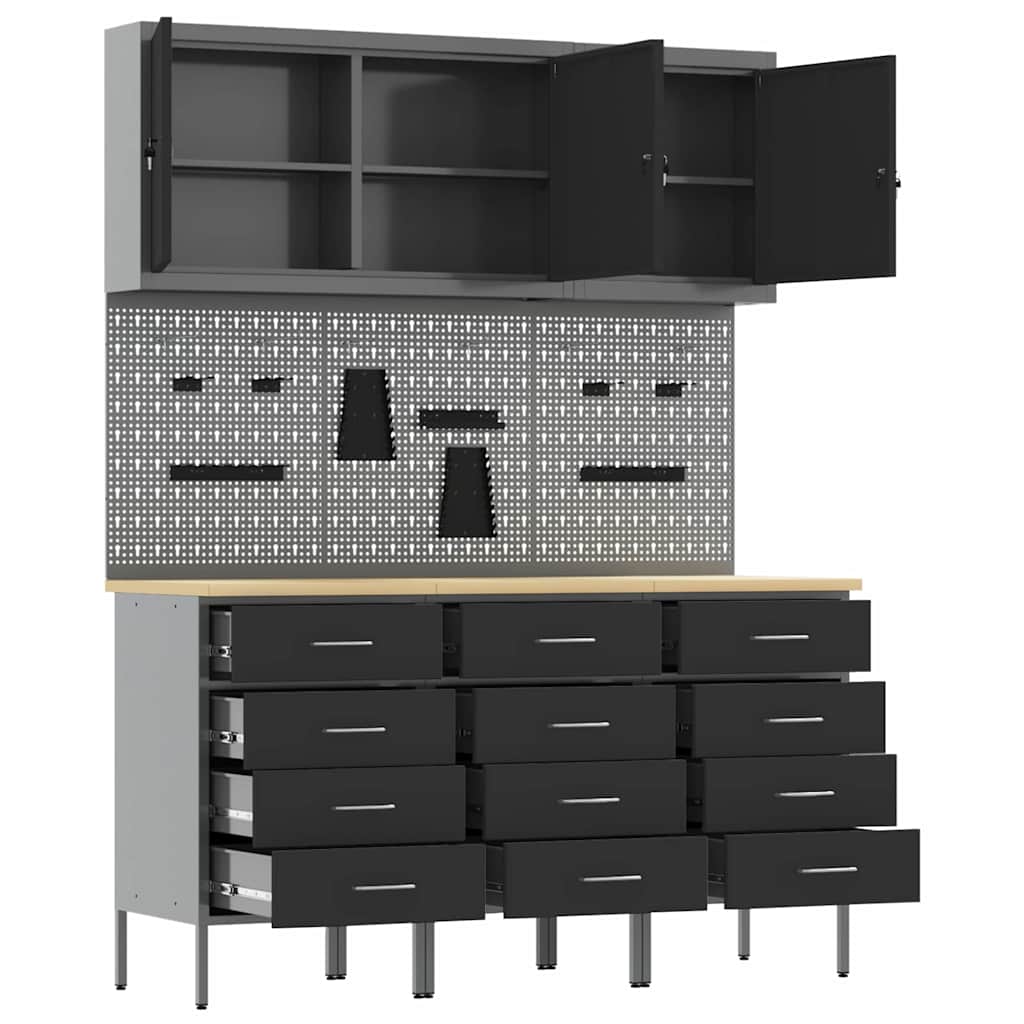 Work Cabinet with Drawer 8 pcs Black Engineered Wood and Steel