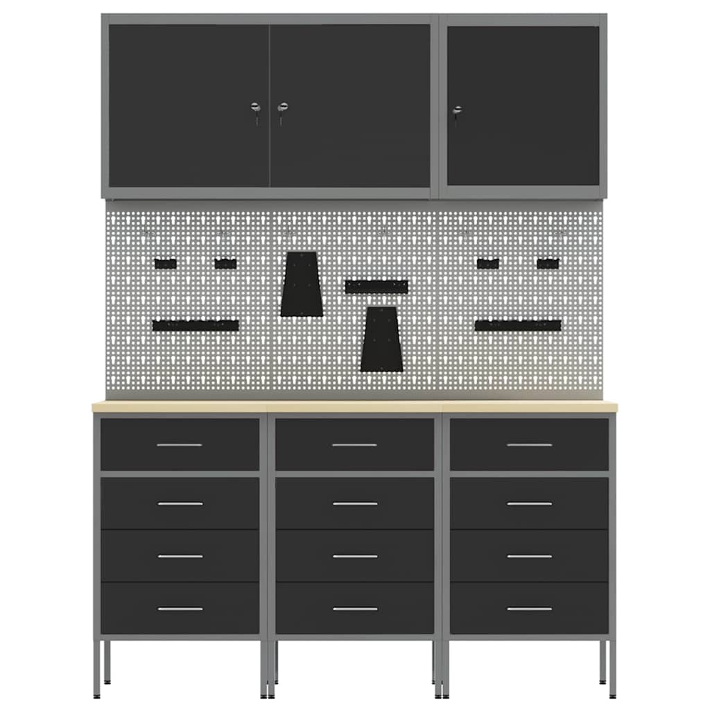 Work Cabinet with Drawer 8 pcs Black Engineered Wood and Steel