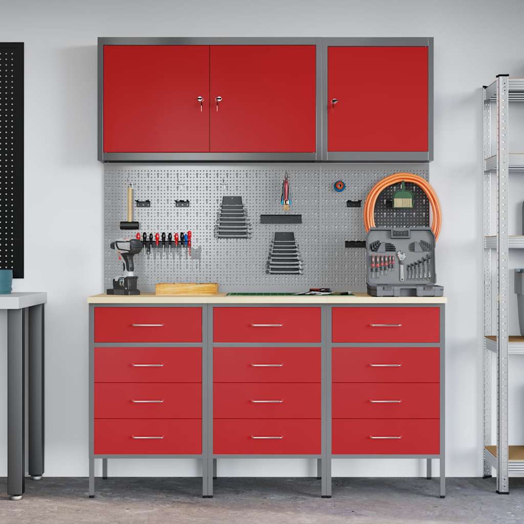 Work Cabinet 8 pcs Red and Grey Engineered Wood and Steel