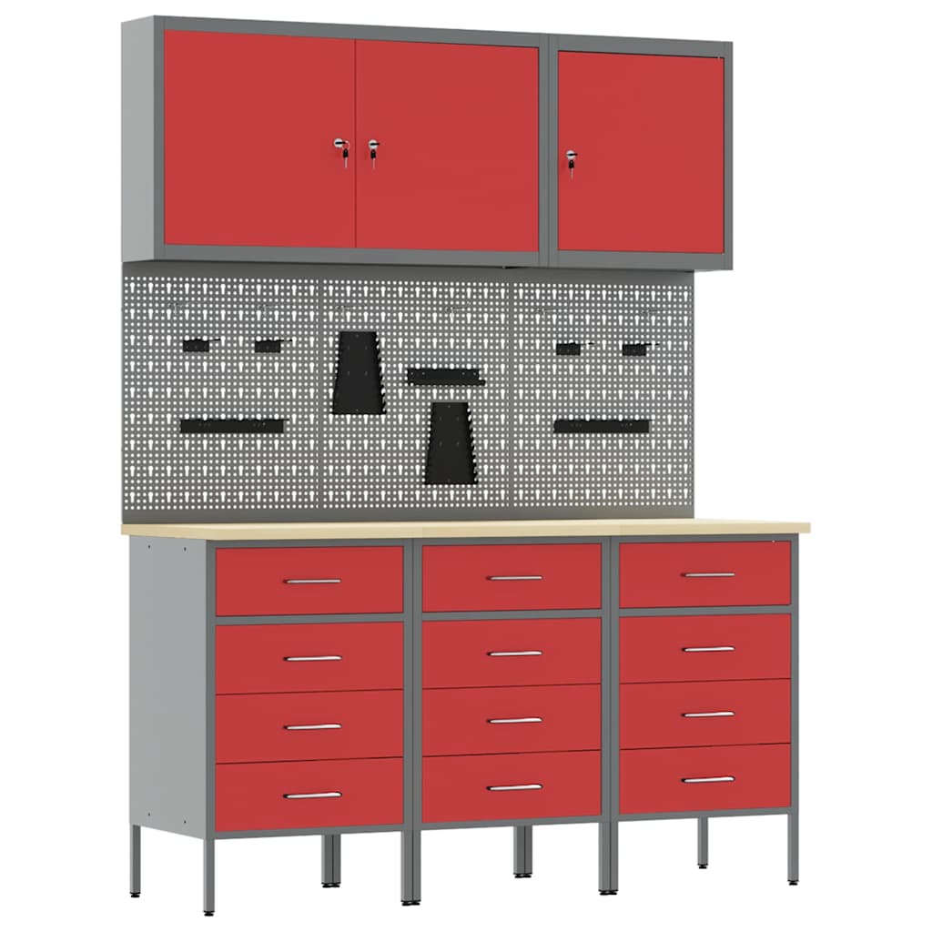 Work Cabinet 8 pcs Red and Grey Engineered Wood and Steel
