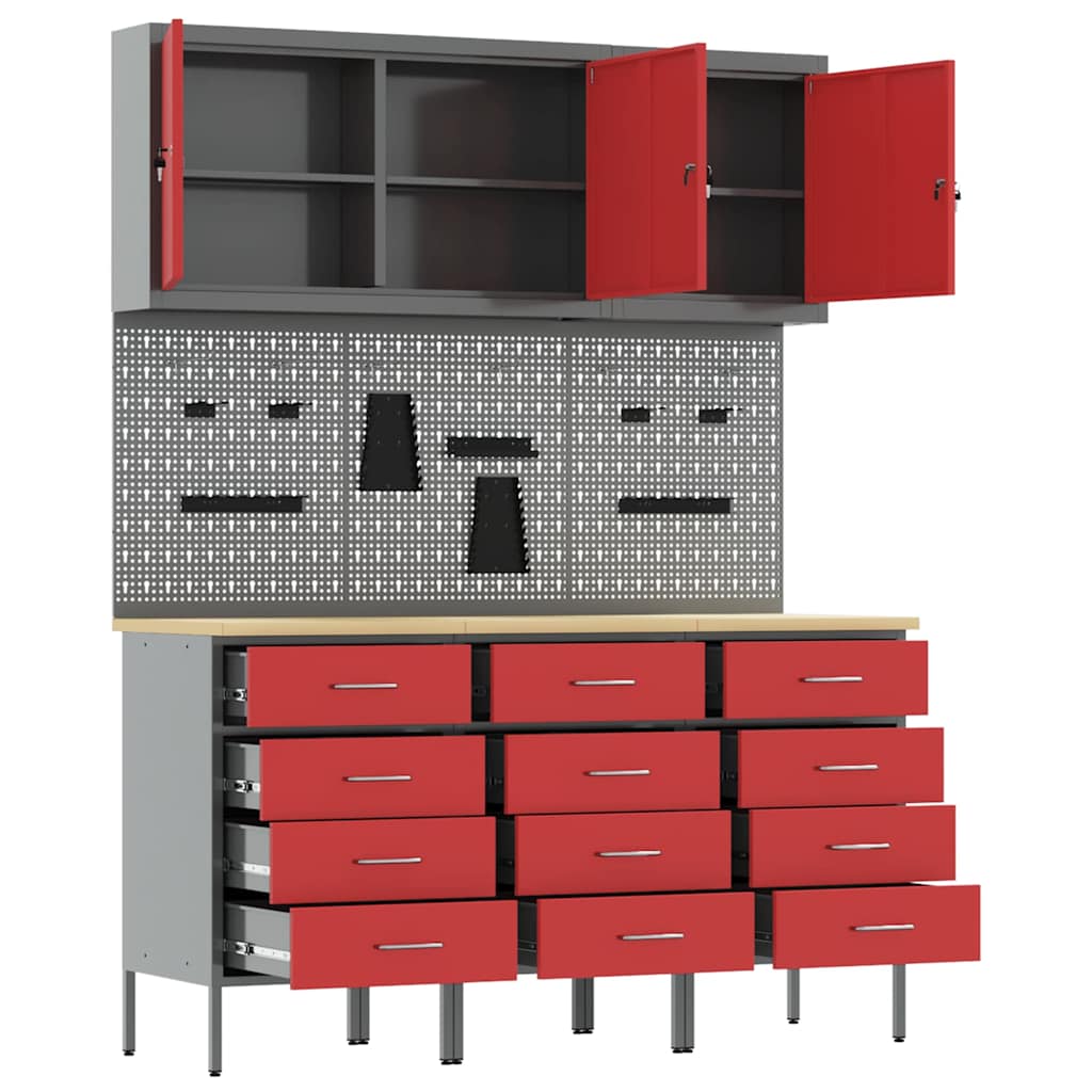 Work Cabinet 8 pcs Red and Grey Engineered Wood and Steel