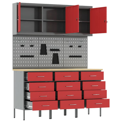 Work Cabinet 8 pcs Red and Grey Engineered Wood and Steel