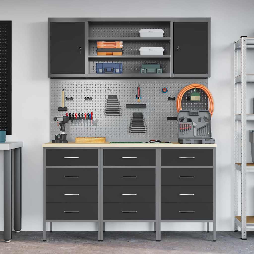 Work Cabinet with Drawer 7 pcs Black Engineered Wood and Steel