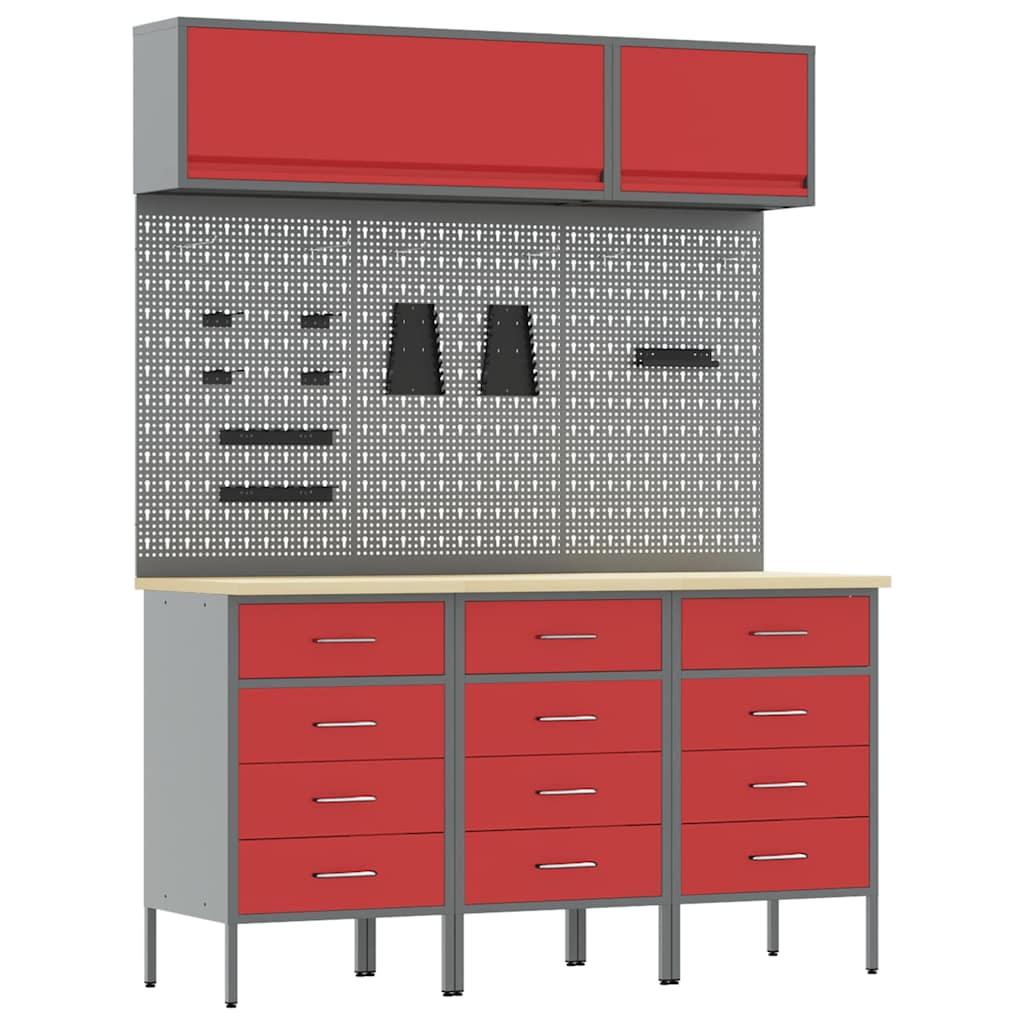 Work Cabinet Set 8 pcs Red Steel and Engineered Wood