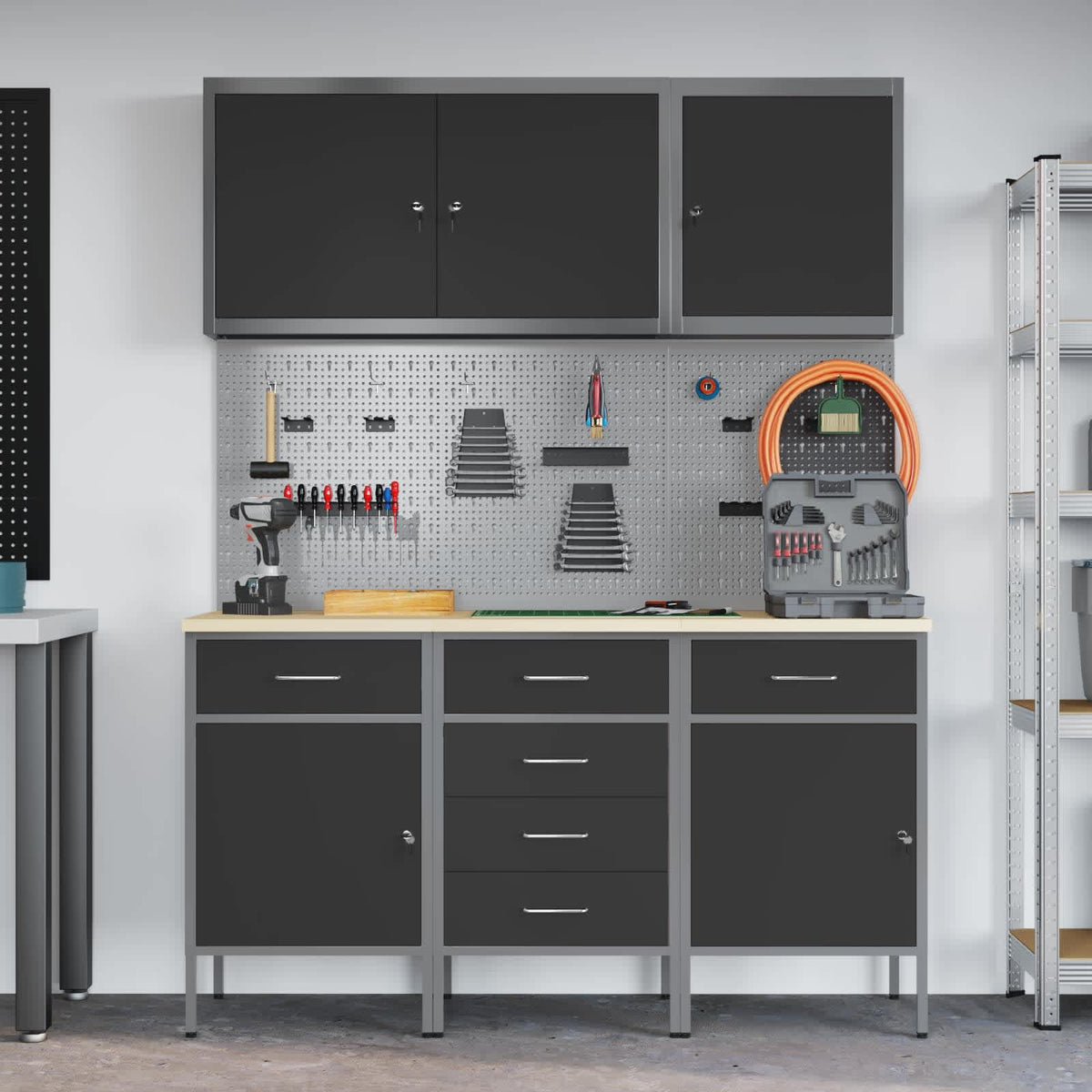 Work Cabinet 8 pcs Black and Grey Engineered Wood and Steel