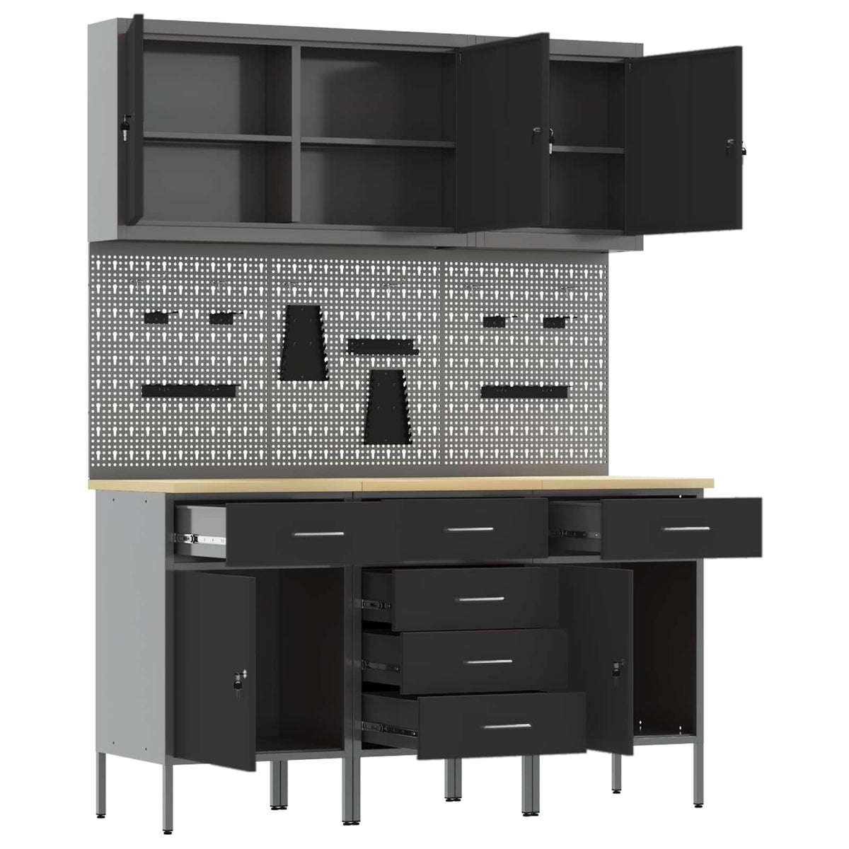 Work Cabinet 8 pcs Black and Grey Engineered Wood and Steel