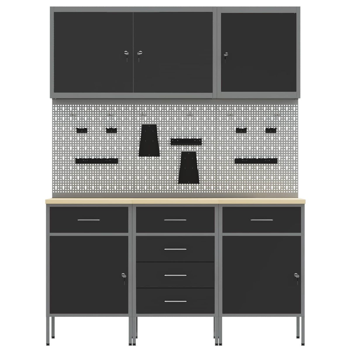 Work Cabinet 8 pcs Black and Grey Engineered Wood and Steel