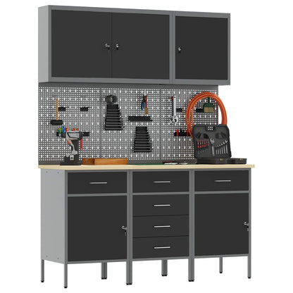 Work Cabinet 8 pcs Black and Grey Engineered Wood and Steel