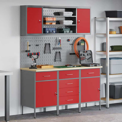 Work Cabinet 7 pcs Red and Grey Engineered Wood and Steel