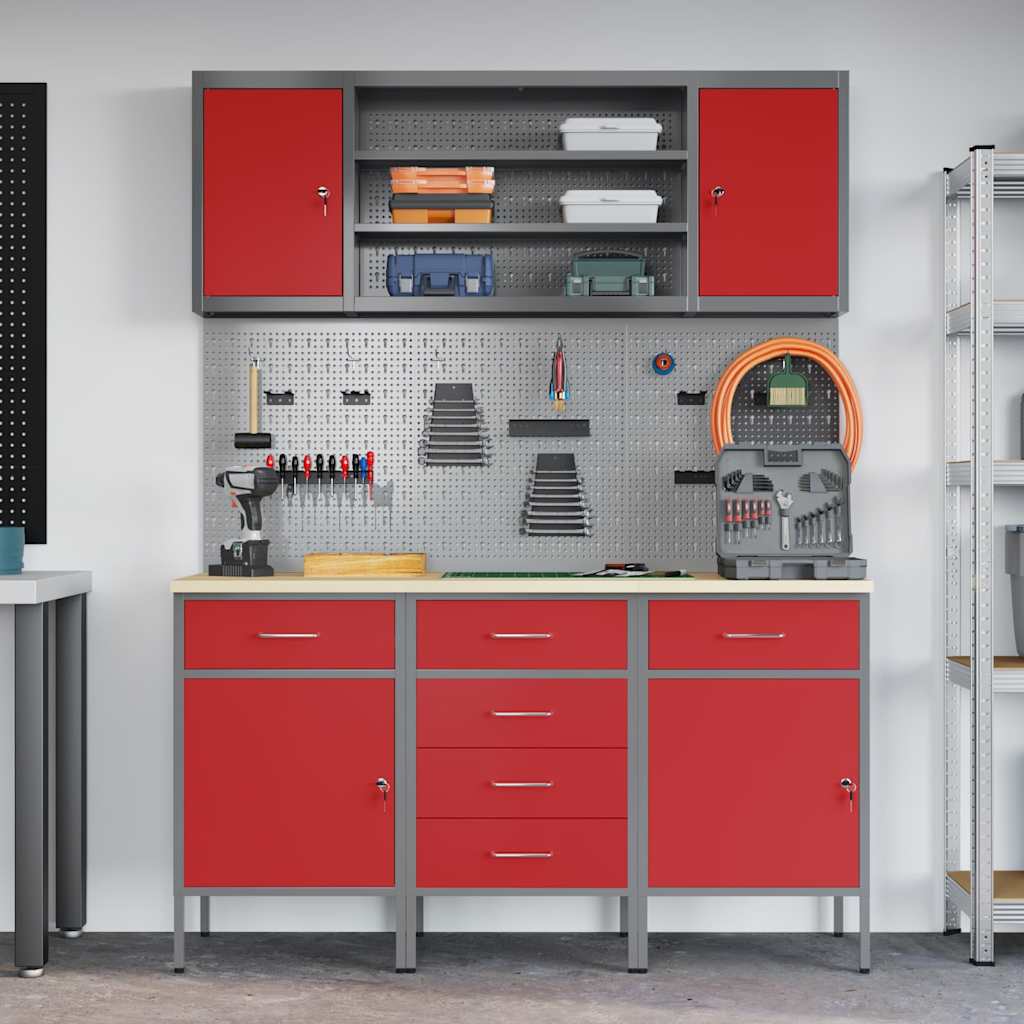 Work Cabinet 7 pcs Red and Grey Engineered Wood and Steel