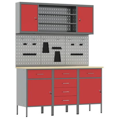 Work Cabinet 7 pcs Red and Grey Engineered Wood and Steel