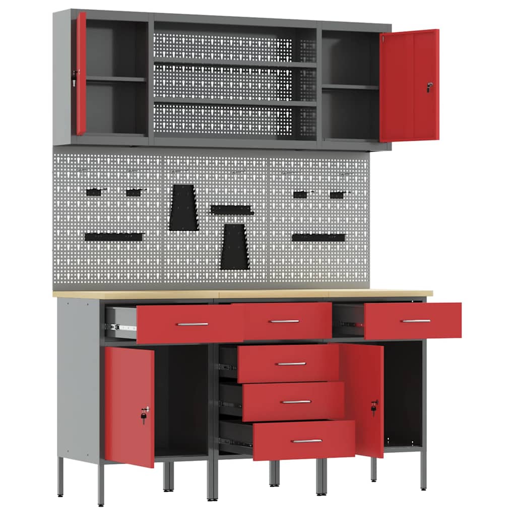 Work Cabinet 7 pcs Red and Grey Engineered Wood and Steel