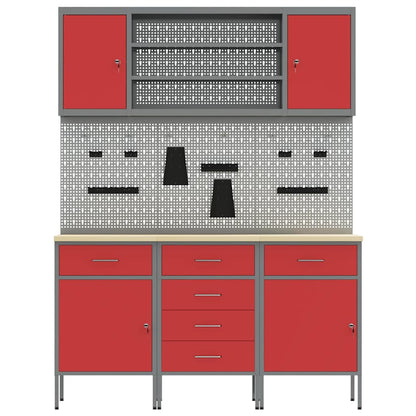 Work Cabinet 7 pcs Red and Grey Engineered Wood and Steel