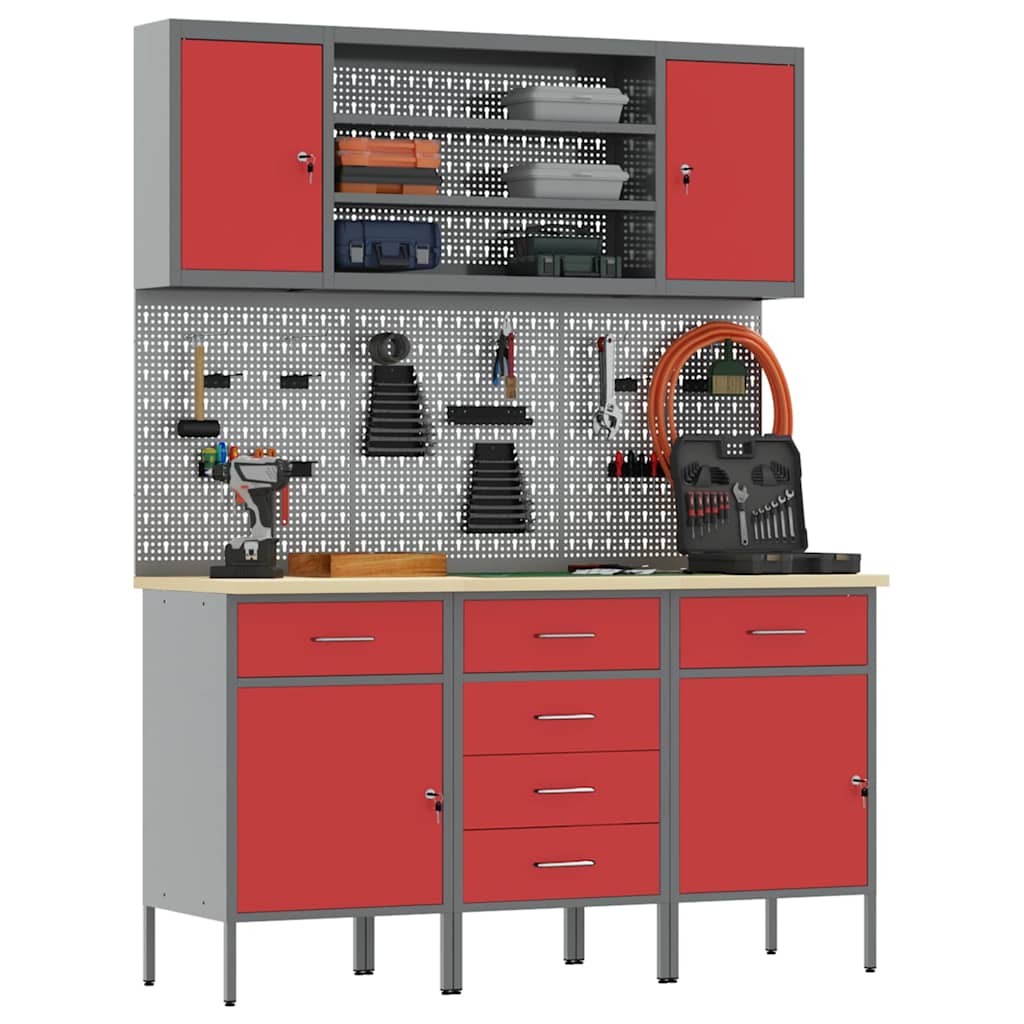 Work Cabinet 7 pcs Red and Grey Engineered Wood and Steel