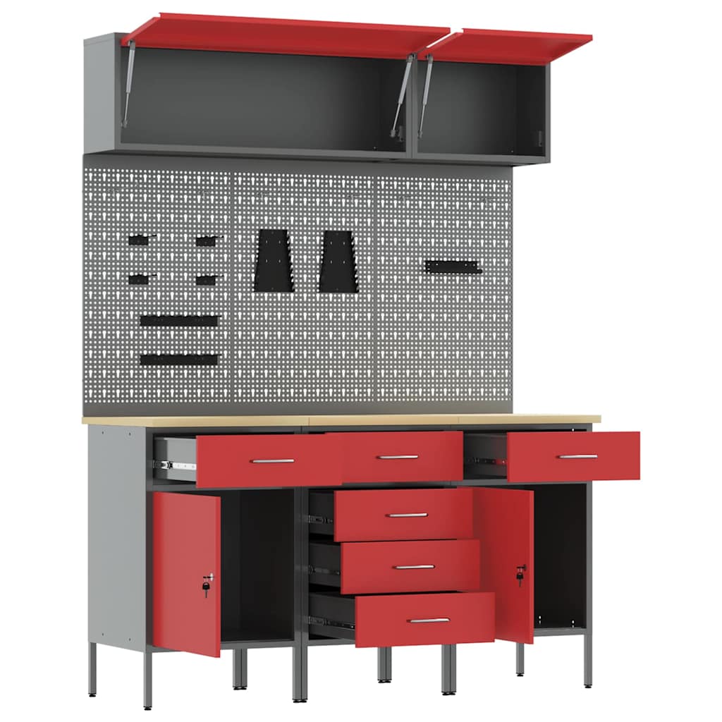 Work Cabinet Set 8 pcs Red Steel and Engineered Wood