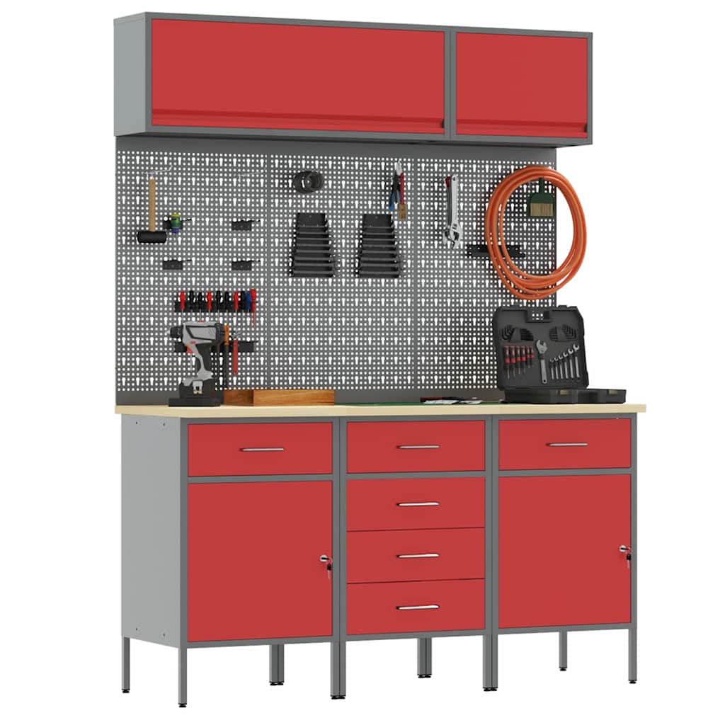 Work Cabinet Set 8 pcs Red Steel and Engineered Wood